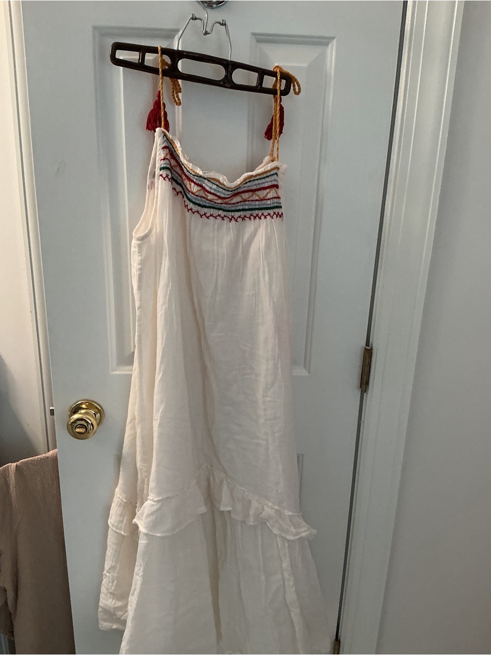 Velvet White Boho Maxi Dress with Multicolor Embroidery and Tassel Straps